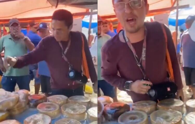 Homem surta em feira e diz ser “polícia, fiscal, PRF e civil” antes de destruir bolo