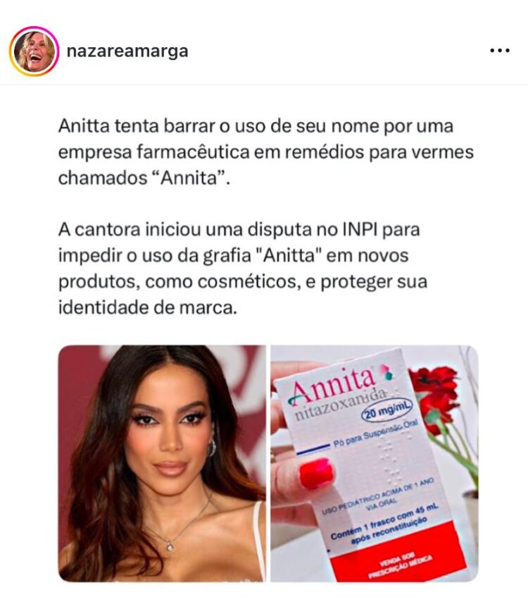 Anitta tenta barrar uso de nome por empresa de remédio para vermes