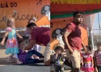 Homem agrid3 criança pequena durante apresentação de festa junina em escola no DF