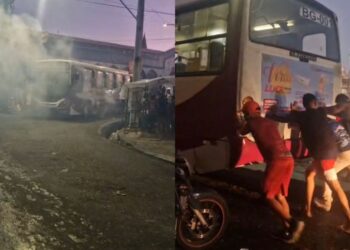 Ônibus tem princípio de incêndio e é empurrado por populares no Ver-o-Peso