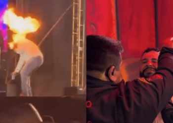 Cantor sertanejo Léo sofre queimaduras ao ser atingido por fogo de lança-chamas em show