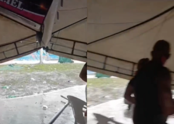 Estrutura de arraial desaba durante temporal na Praça Waldemar Henrique