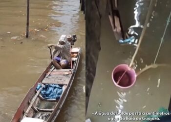 Repórter se choca com esgoto despejado no rio durante reportagem em Belém, às vésperas da COP30