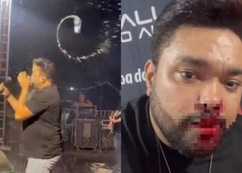 No MT, cantor de forró é atingido por lata de cerveja e sai com o nariz sangrando do palco