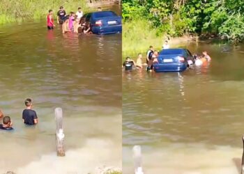 Carro cai em igarapé após motorista esquecer freio de mão, no Moju