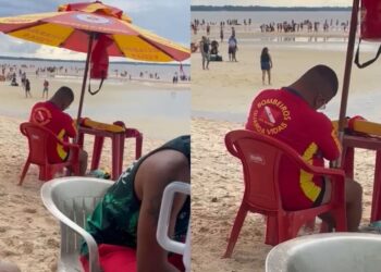 Bombeiro guarda-vidas é flagrado dormindo durante o trabalho em praia e vídeo viraliza nas redes sociais