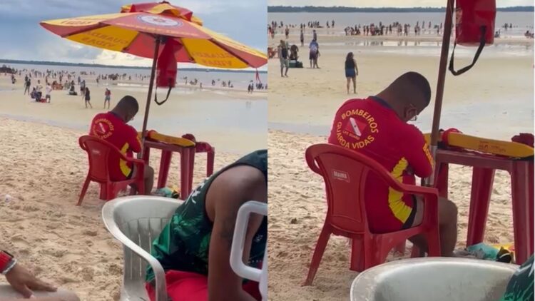 Bombeiro guarda-vidas é flagrado dormindo durante o trabalho em praia e vídeo viraliza nas redes sociais