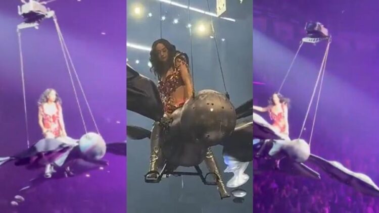 Katy Perry quase cai durante voo em borboleta gigante em show nos EUA