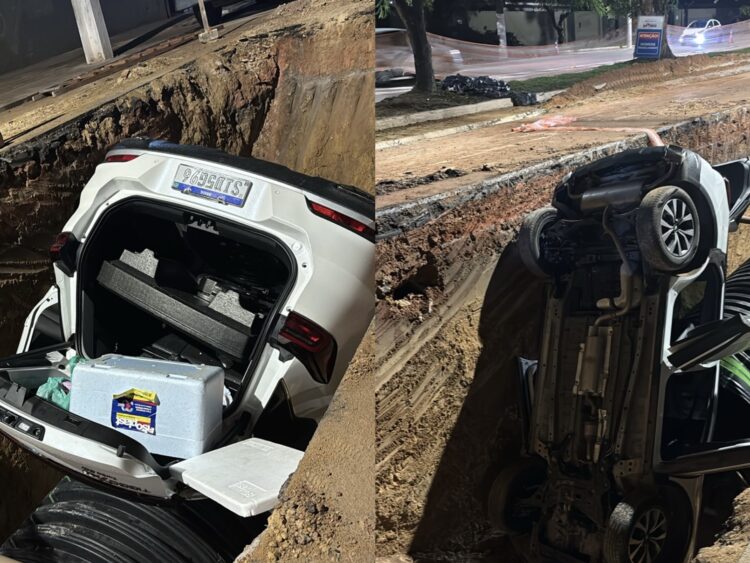 Carro com família despenca em cratera e mulher fica gravemente ferida