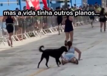 Corredora é derrubada por cachorro ao chegar na fila de chegada e cena viraliza nas redes