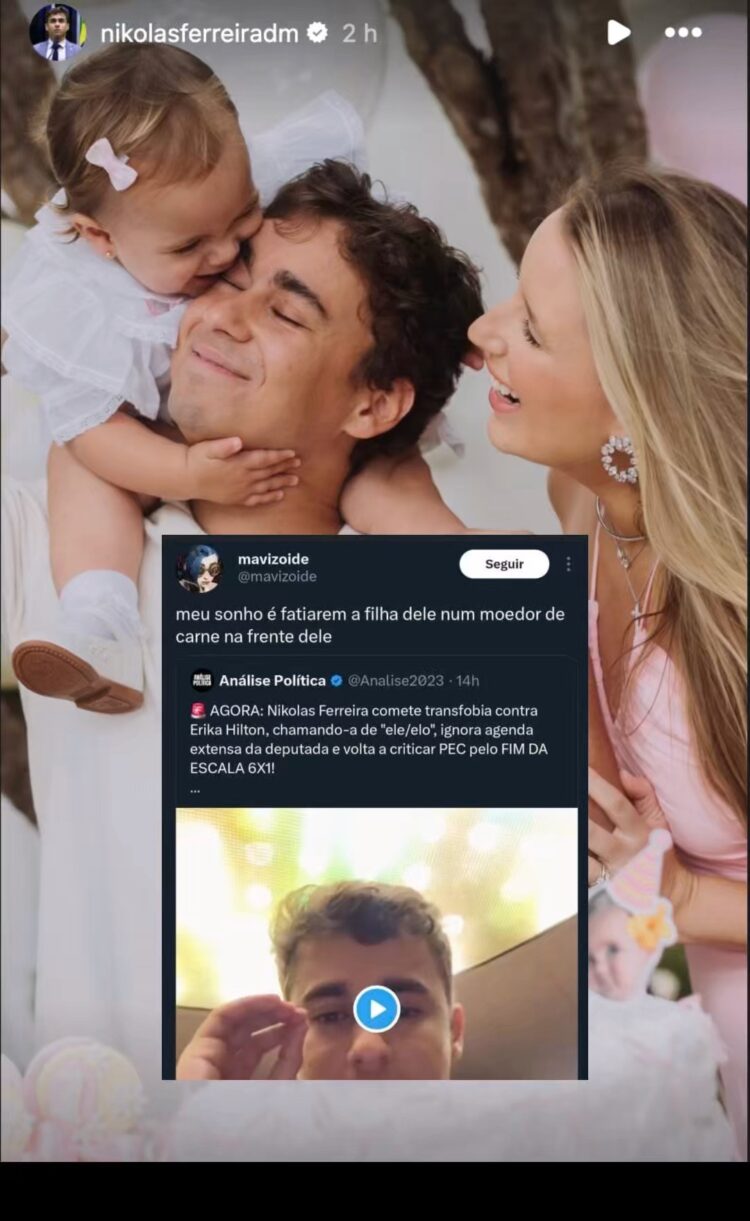 Esquerdista diz que o ‘sonho dela é ver a filha de Nikolas Ferreira fatiad@ e em moed0r de carne’