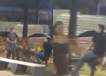 Marmanjos usam brinquedo infantil no recém-inaugurado Parque Linear da Doca