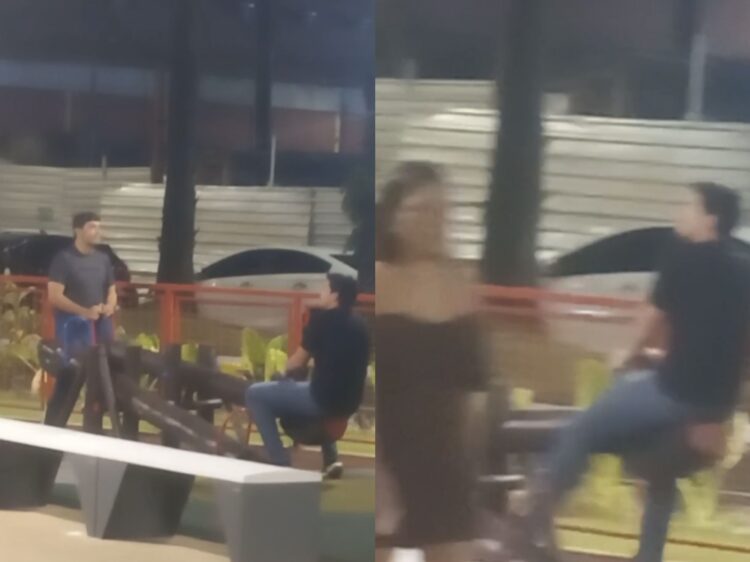 Marmanjos usam brinquedo infantil no recém-inaugurado Parque Linear da Doca