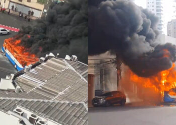 Ônibus de linha pega fogo na Doca e chamas atingem carro. População ajuda a controlar o incêndio