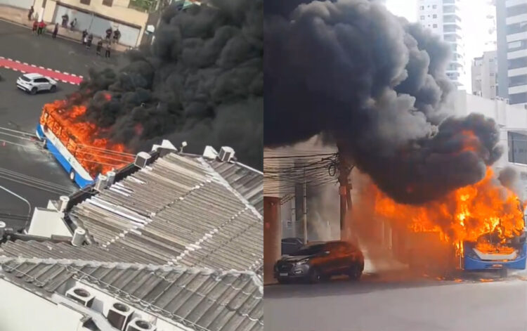 Ônibus de linha pega fogo na Doca e chamas atingem carro. População ajuda a controlar o incêndio