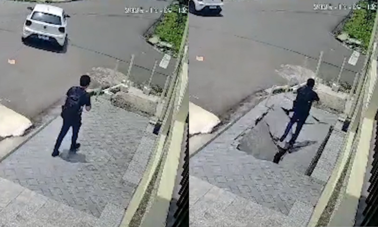 Homem afunda em buraco após calçada ceder na Zona Oeste de Manaus; câmeras registram o momento