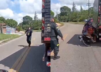 Abordagem truculenta: Policial Militar empurra moto com casal na PA-404 e quase provoca tragédia
