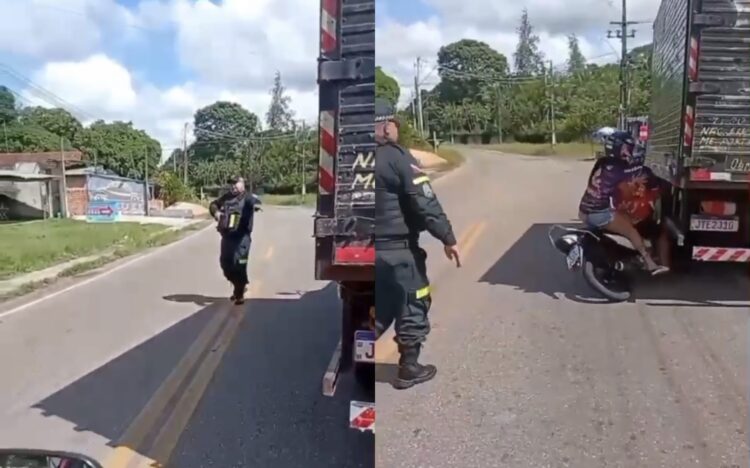 Abordagem truculenta: Policial Militar empurra moto com casal na PA-404 e quase provoca tragédia