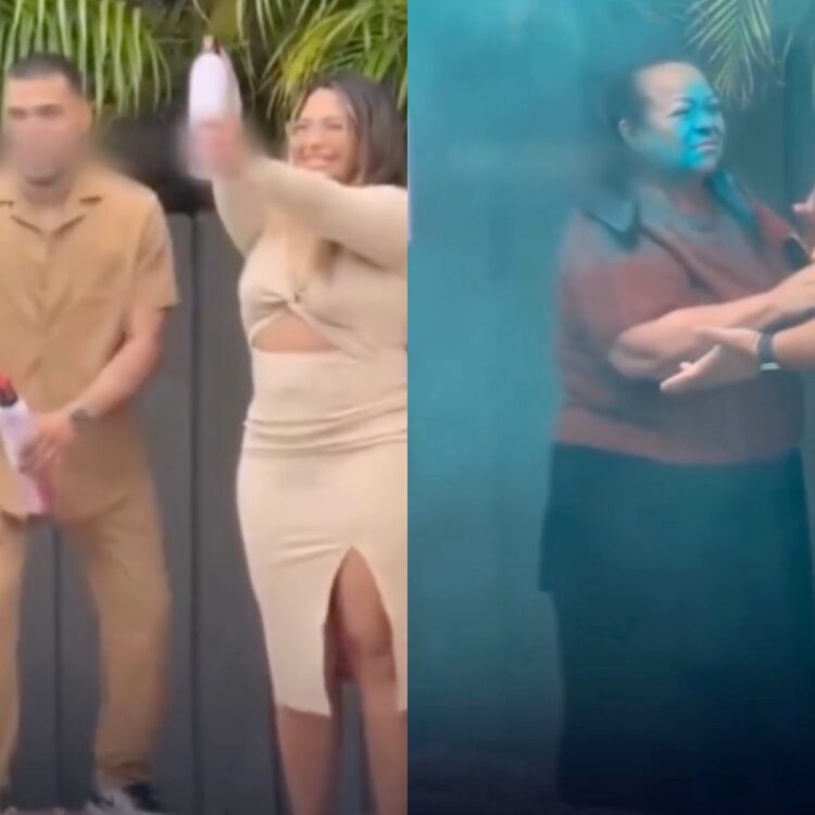 Fumaça de chá revelação pega em rosto de convidada e cena viraliza nas redes