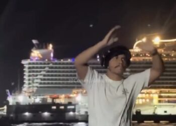 DJ transforma gravação em mini-festa no Trapiche da Brasília, em Outeiro, com vista para navios da COP30