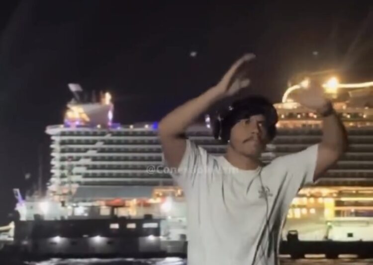 DJ transforma gravação em mini-festa no Trapiche da Brasília, em Outeiro, com vista para navios da COP30