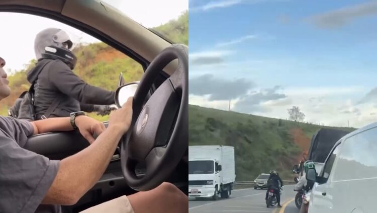 Motociclista simula estar armado, ataca caminhão com pedra e acaba atropelado em briga de trânsito