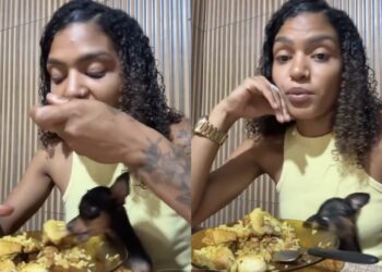 Mulher responde críticas após dividir prato com o cachorro: “Vou fazer o quê?”