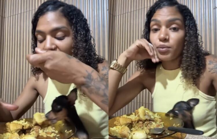 Mulher responde críticas após dividir prato com o cachorro: “Vou fazer o quê?”