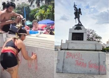 Mulher é detida por pichação em estátua durante ato contra PL da Dosimetria e internautas ironizam: “Vai pegar 20 anos também?”