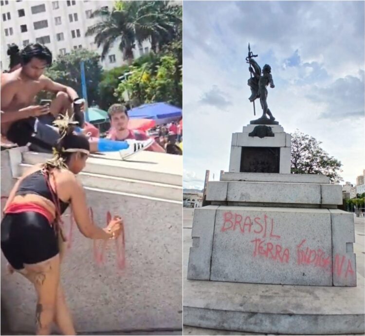 Mulher é detida por pichação em estátua durante ato contra PL da Dosimetria e internautas ironizam: “Vai pegar 20 anos também?”