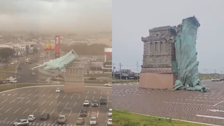Vídeo mostra momento em que estátua de loja da Havan cai com ventania no RS