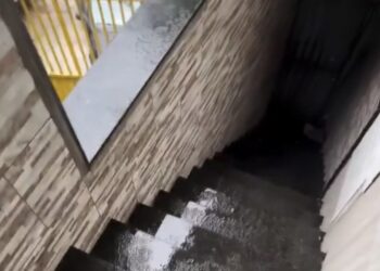 Homem tenta alertar sobre perigo em escada molhada, escorrega e vídeo viraliza