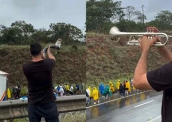 Trompetista toca berrante durante caminhada de Nikolas e provoca apoiadores