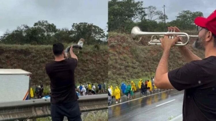Trompetista toca berrante durante caminhada de Nikolas e provoca apoiadores