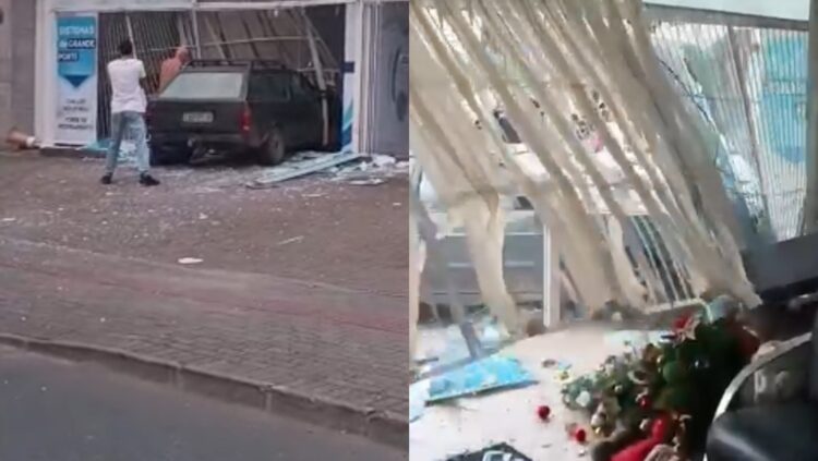 Homem surta, pega carro e invade a própria loja de ar-condicionado em Blumenau