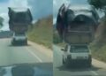 Fiat Uno é flagrado levando carga gigante e vira atração em rodovia da Paraíba