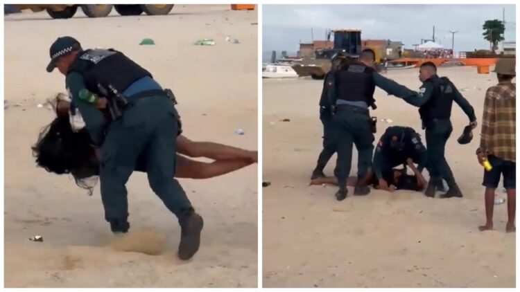 Policial militar usa força para conter mulher que causava tumulto em praia de Soure, no Marajó