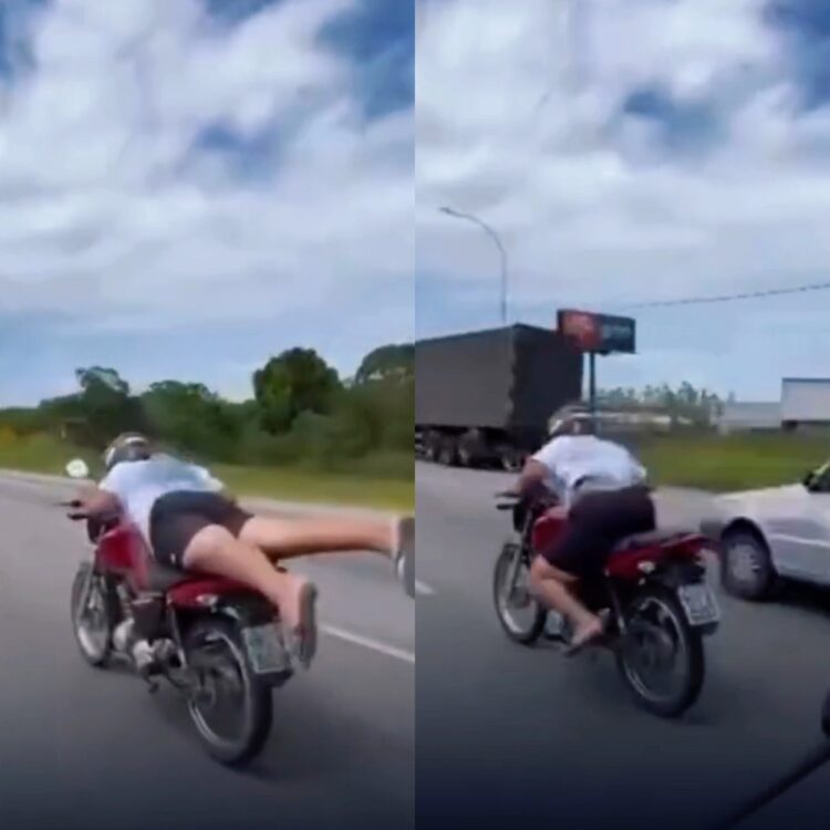 Motociclista faz manobra perigosa do “superman” em rodovia de SC e acaba sofrendo acidente grave