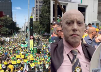 Com fraldas e tampa de privada, manifestante ironiza Alexandre de Moraes em ato na Avenida Paulista