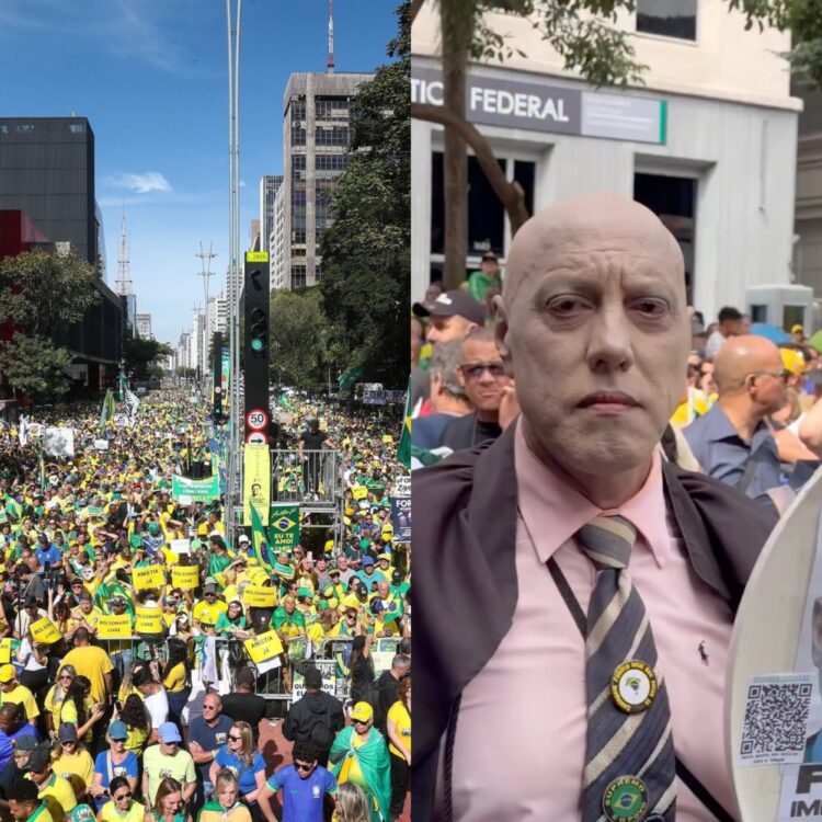 Com fraldas e tampa de privada, manifestante ironiza Alexandre de Moraes em ato na Avenida Paulista