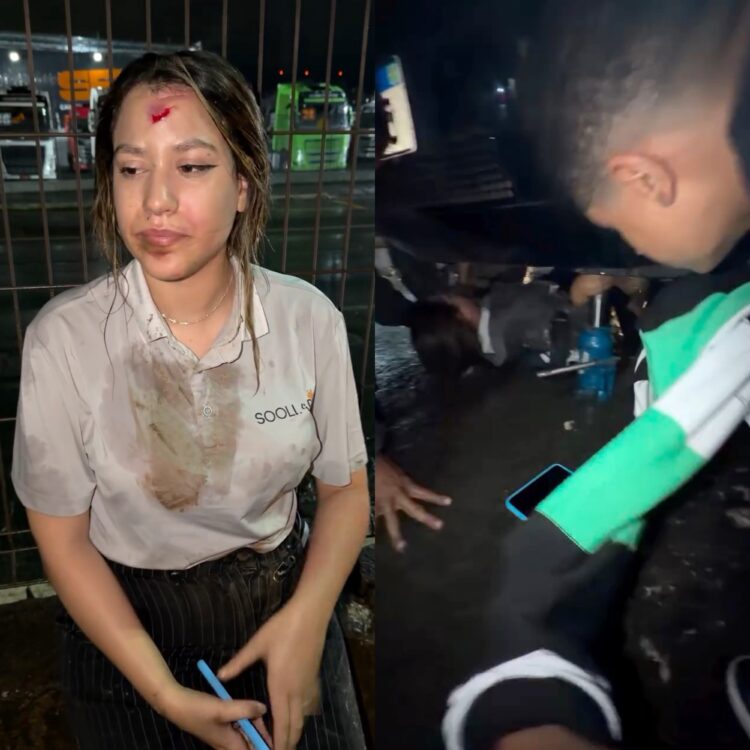 Jovem de moto derrapa e vai parar debaixo de carro após carreta derramar líquido na BR-153, em Aparecida de Goiânia