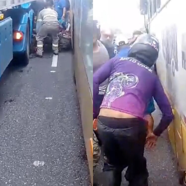 Em Belém, motociclista fica imprensado entre ônibus e caminhão ao tentar “corredor”, mas sai ileso
