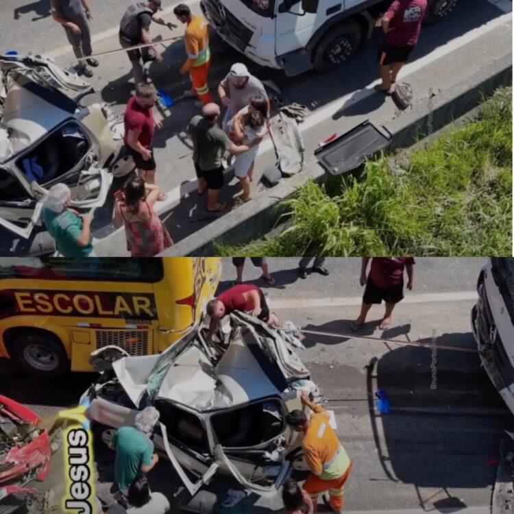 Pai e filha são resgatados com vida de carro completamente destruído após engavetamento em rodovia de Florianópolis