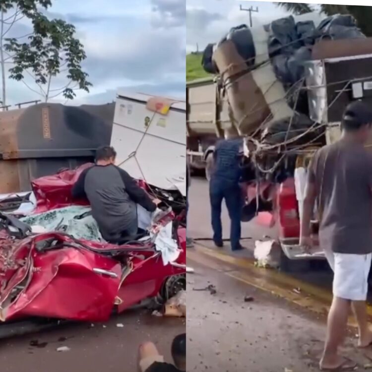 Carreta tomba e esmaga caminhonete em Trairão; homem é resgatado com vida