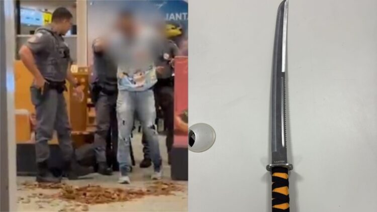 Homem com espada é detido e imobilizado pela PM no Aeroporto de Viracopos, em Campinas