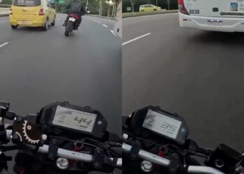 No Rio de Janeiro, motociclista acaba filmando o próprio acidente ao fazer cruzamento em pista