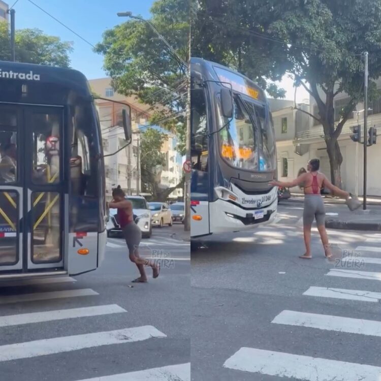 Após não conseguir embarcar em ônibus, mulher para bem na frente dele e impede veículo de circular