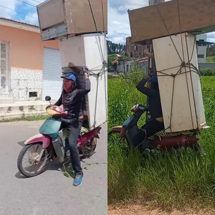 Homem viraliza ao fazer mudança em cima de uma moto biz no interior do Ceará