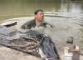 Influenciador se desespera ao encontrar cobra gigante durante gravação em rio