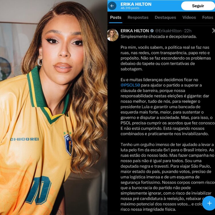 Erika Hilton acusa PSOL de privilegiar com mais recursos candidatos brancos; partido diz que ela terá a maior verba na próxima eleição com investimento de mais de R$ 2 milhões